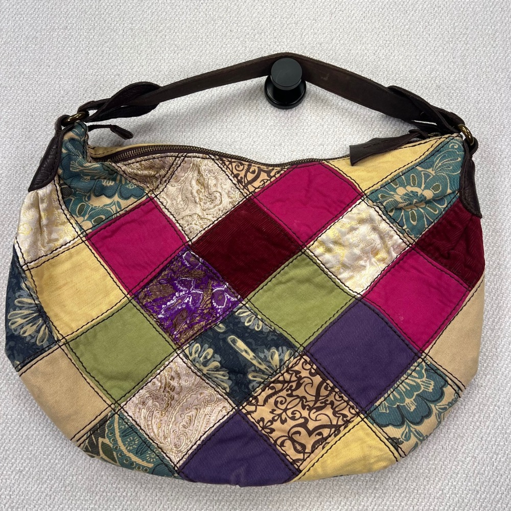 VTG Lucky Brand Mix Textiles Patchwork Hobo Bag Multicolor Boho Leather Trim Y2K